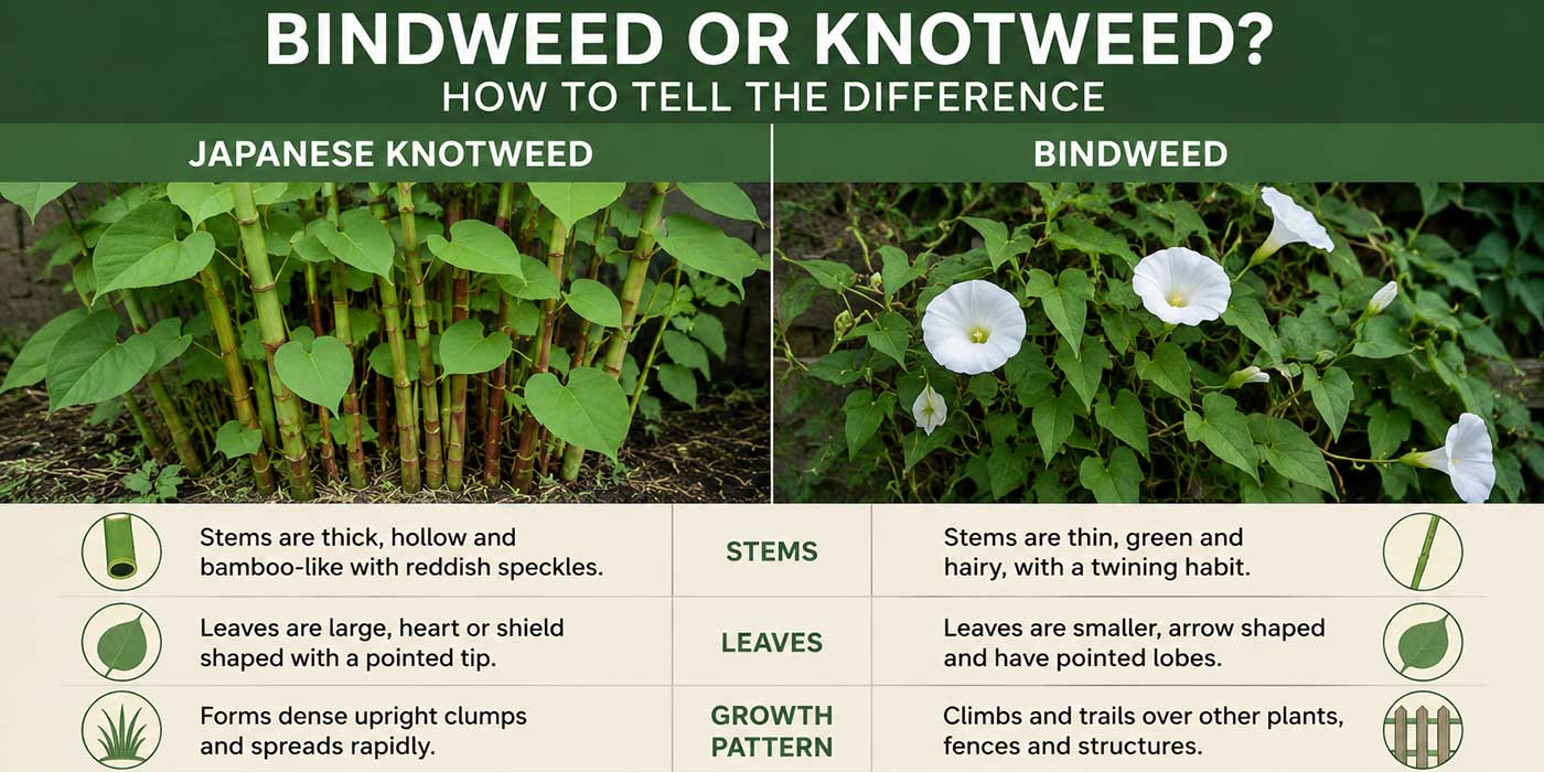 Bindweed beside upright Japanese knotweed growth in a UK garden