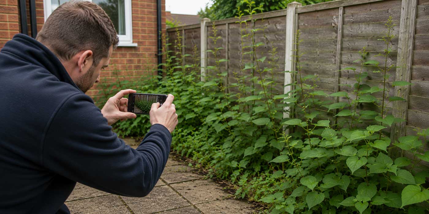 Homeowner photographing suspicious knotweed growth
