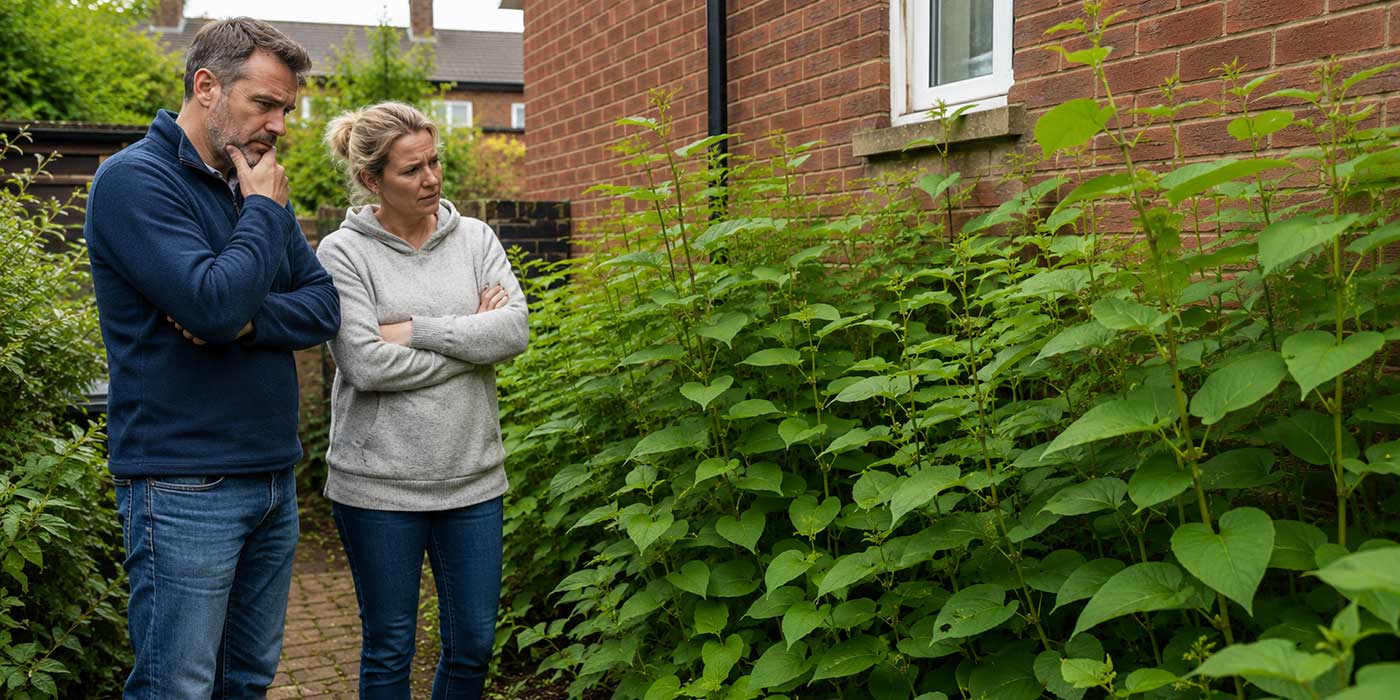 Worried homeowners looking at knotweed growing near a house wall